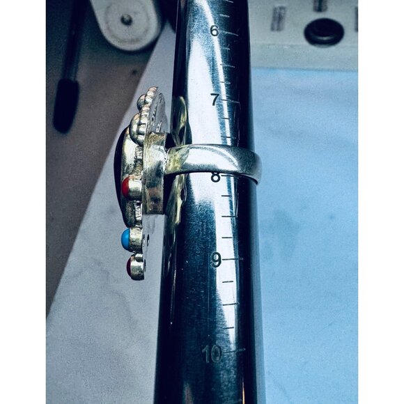 925 Sterling Silver Statement Ring Amber Turquoise Coral Inlay Size 8 Estate - Picture 6 of 11